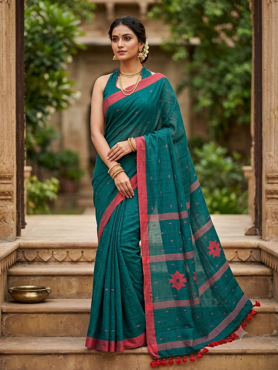 Elegance in Teal: Handwoven Mul Cotton Saree