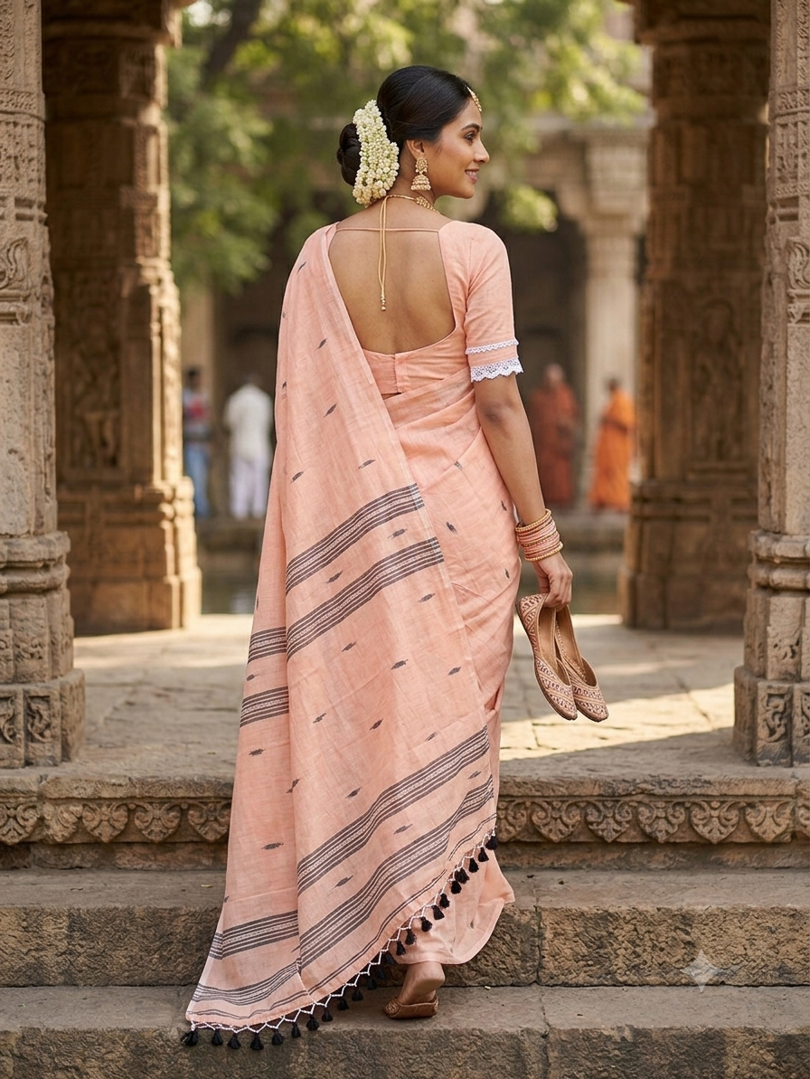 Peach Mul cotton hand weave saree