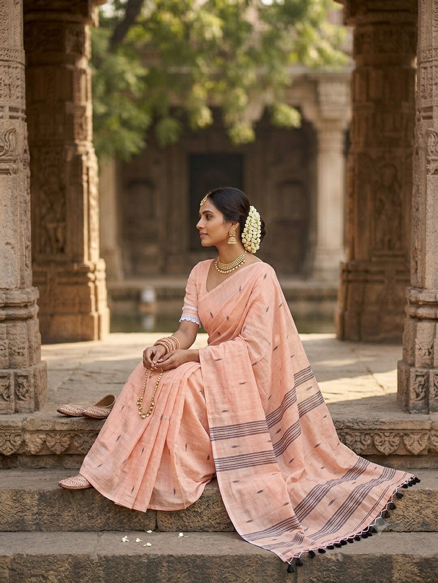 Peach Mul cotton hand weave saree