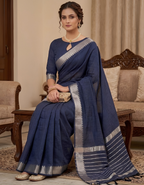 Midnight Navy Blue Saree with Silver Temple Border
