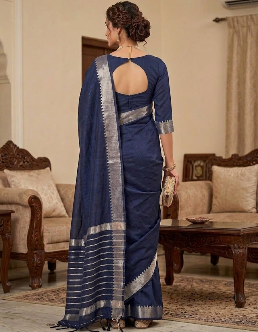 Midnight Navy Blue Saree with Silver Temple Border