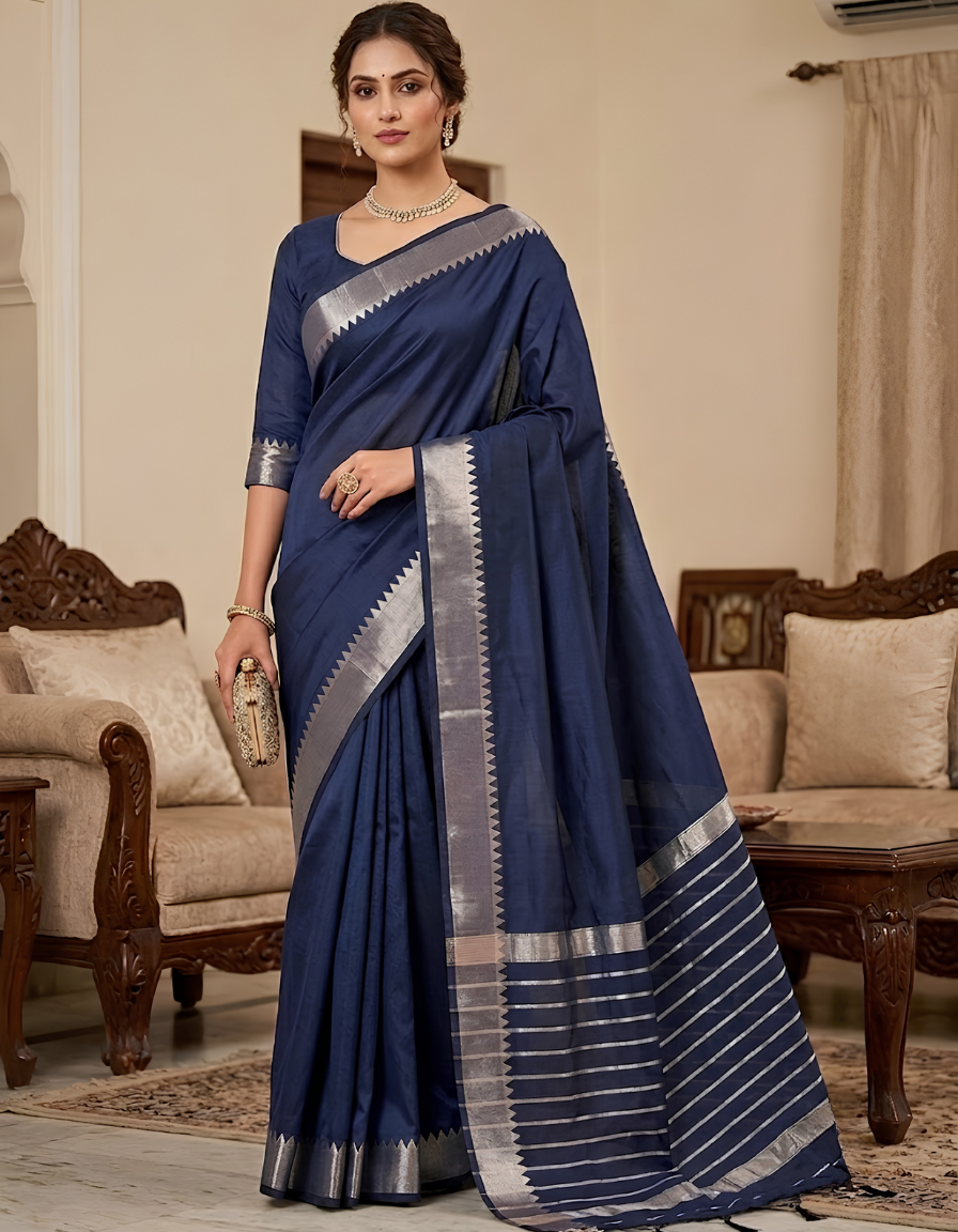 Midnight Navy Blue Saree with Silver Temple Border