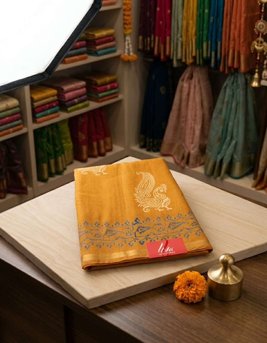 Mustard Chanderi Cotton Hand block saree