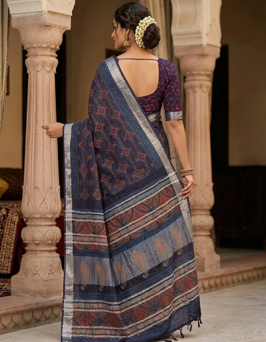 Indigo Blue Ajrak Print Linen-Cotton Saree