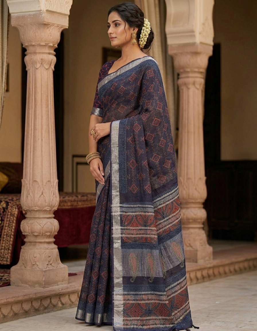 Indigo Blue Ajrak Print Linen-Cotton Saree