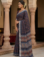 Indigo Blue Ajrak Print Linen-Cotton Saree