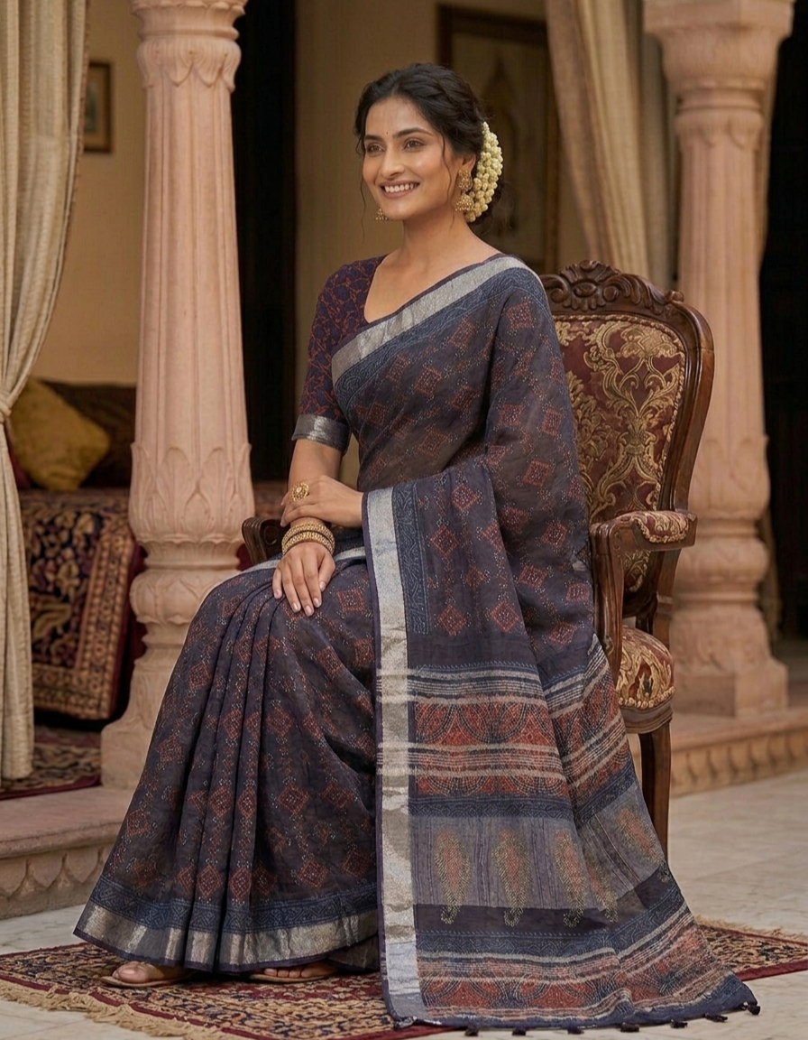 Indigo Blue Ajrak Print Linen-Cotton Saree