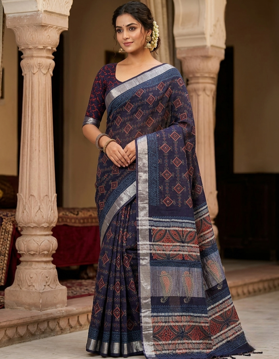 Indigo Blue Ajrak Print Linen-Cotton Saree