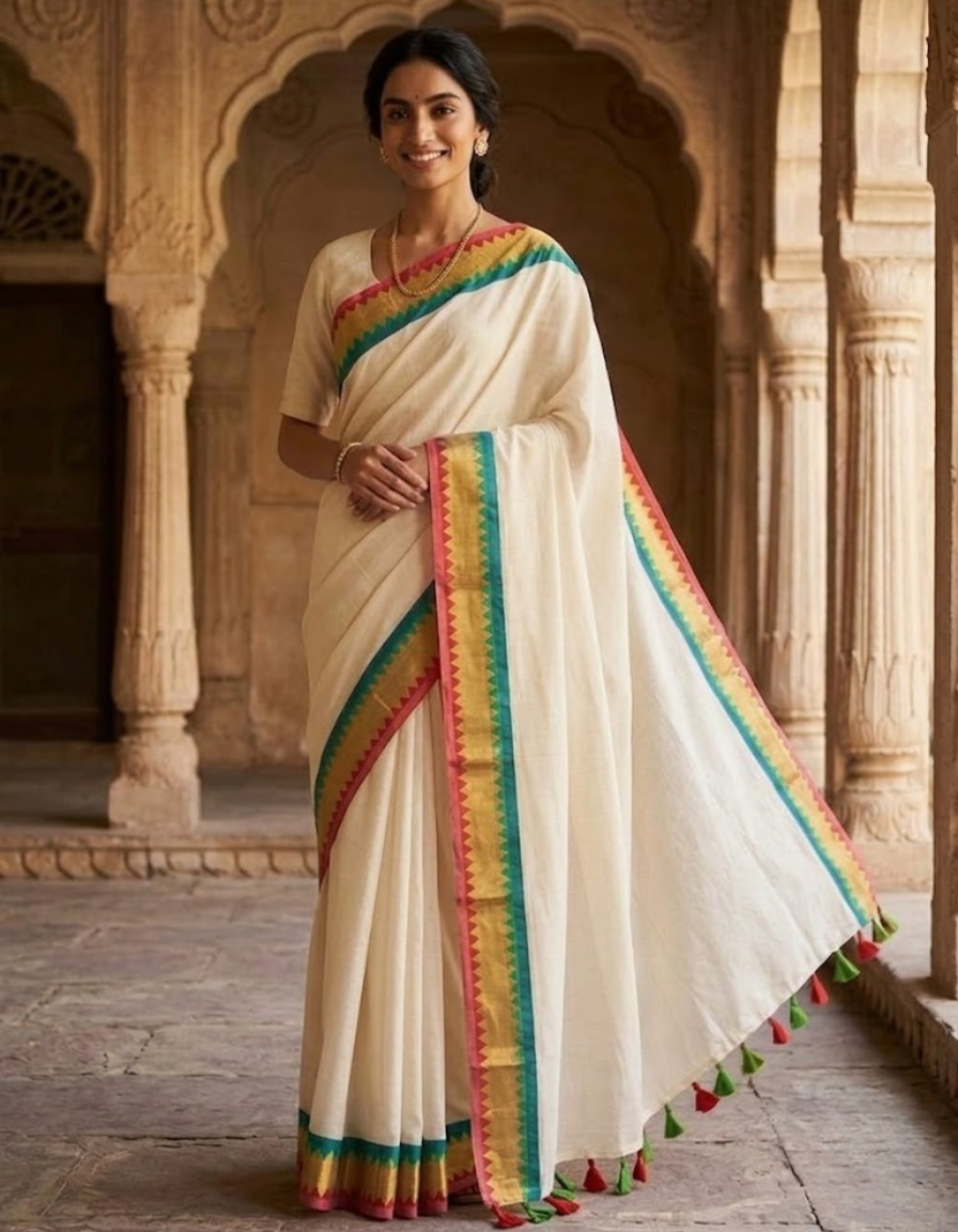 Elegant Ivory Mul Cotton Saree