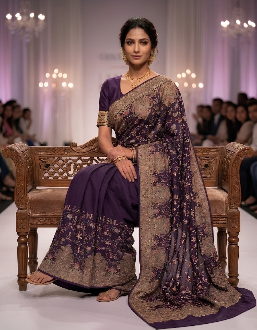 Kashmiri Kashida Embroidered Fine Georgette Saree