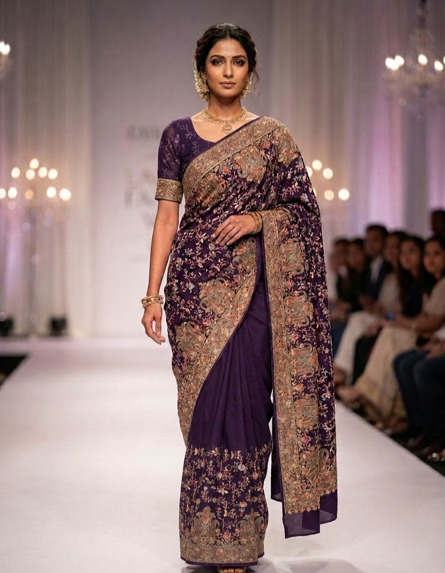 Kashmiri Kashida Embroidered Fine Georgette Saree