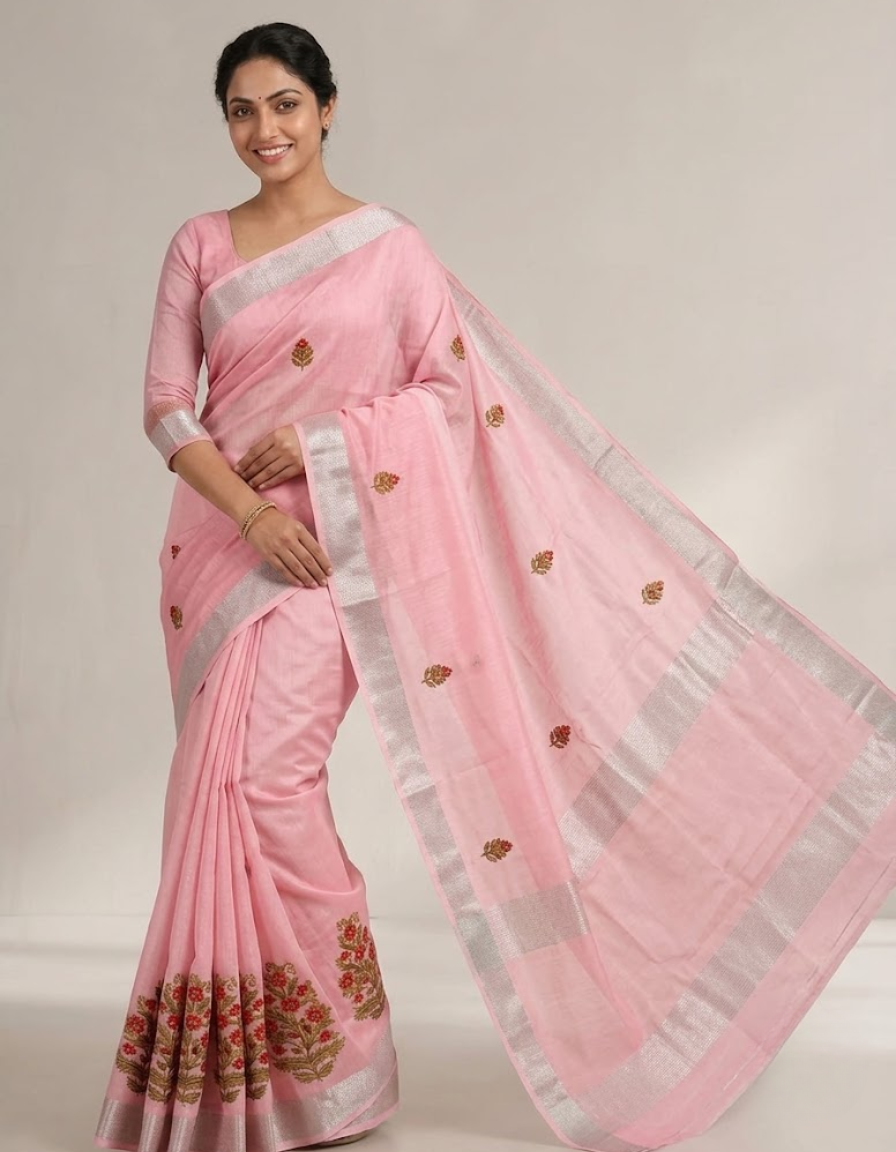 Light Green Linen Cotton Saree with embroidery