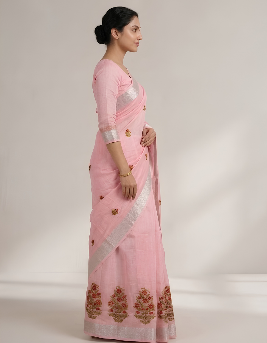 Light Green Linen Cotton Saree with embroidery