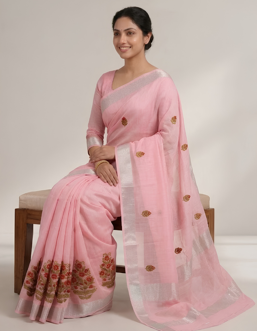 Light Green Linen Cotton Saree with embroidery