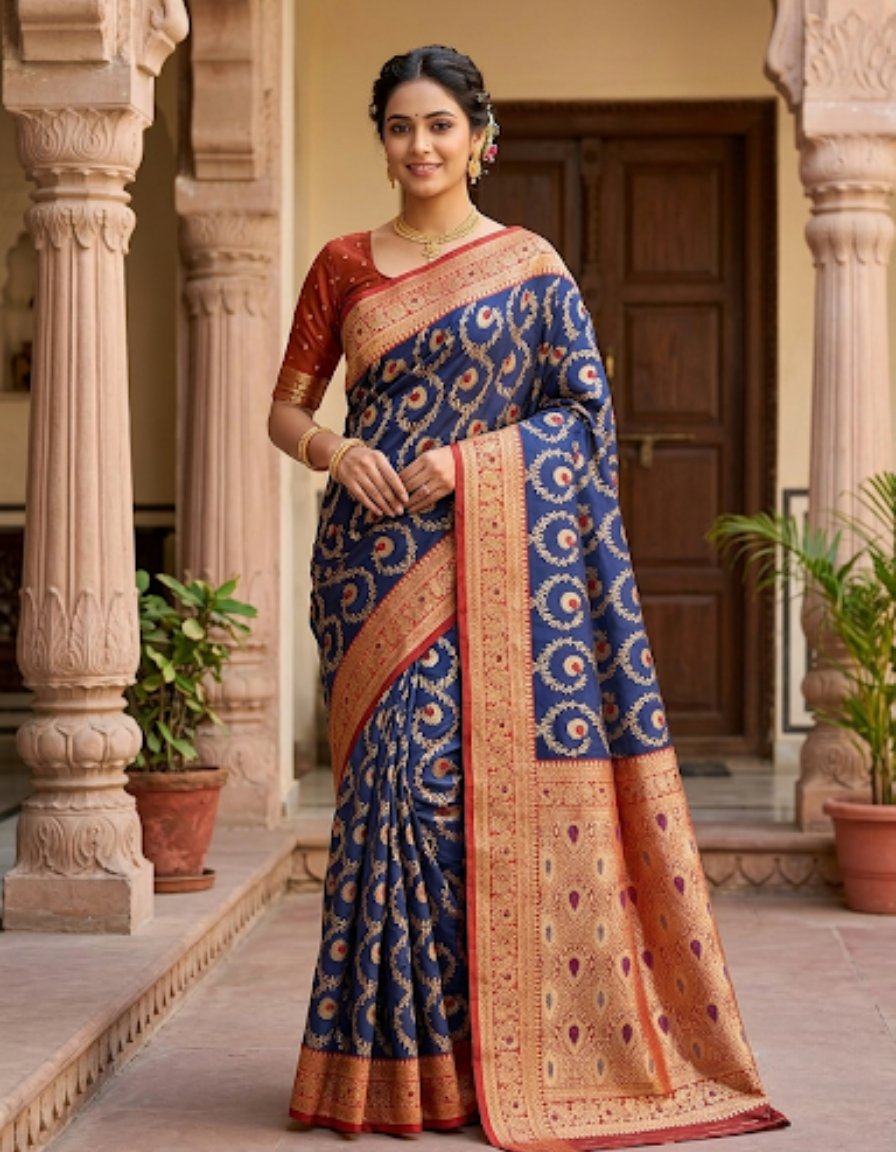 Elegant Royal Blue Banarasi Silk Saree