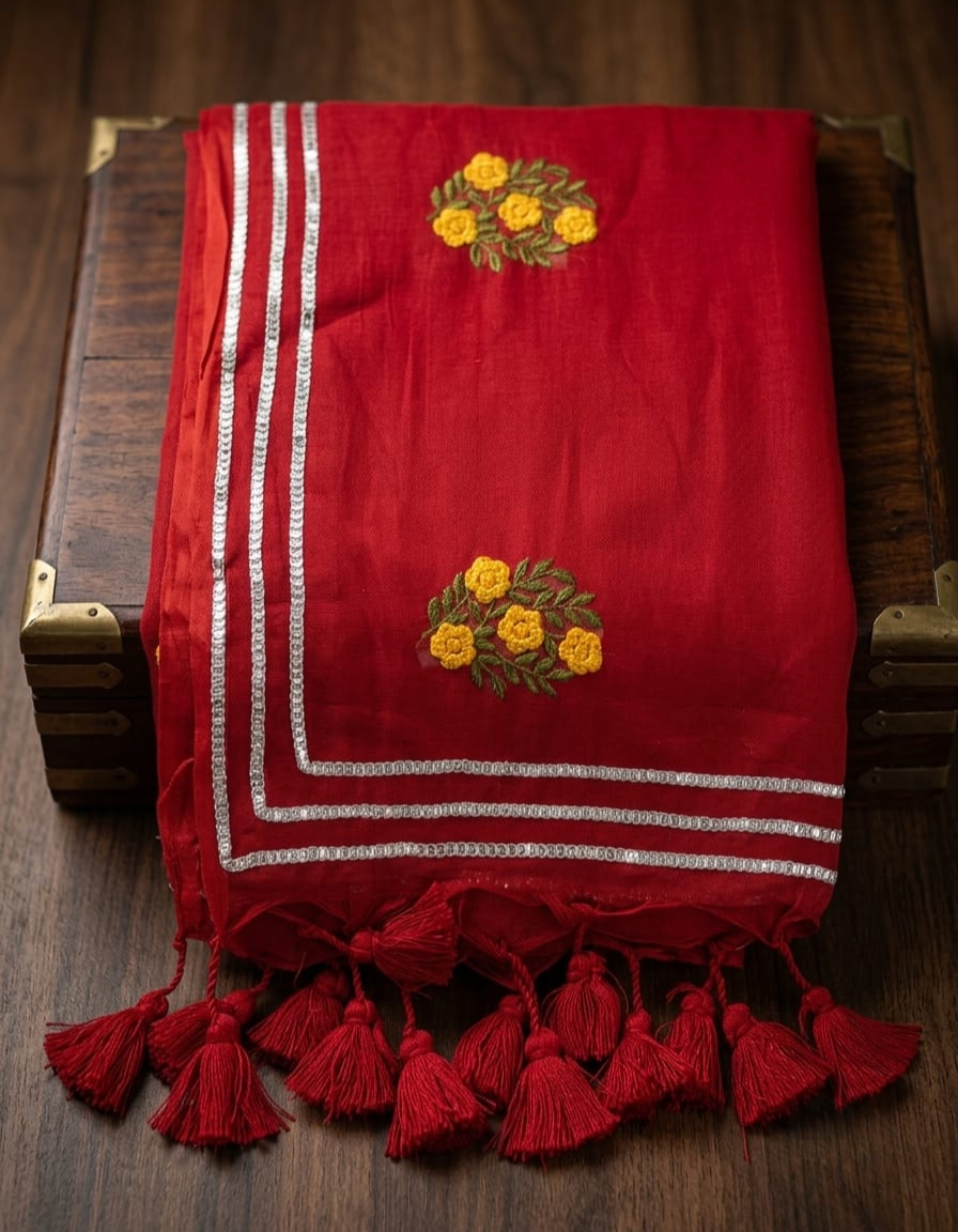Elegant Embroidered Red Mul Cotton Saree