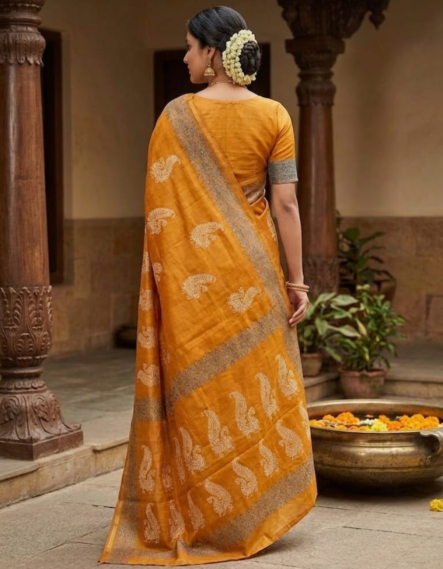 Mustard Chanderi Cotton Hand block saree