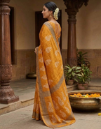 Mustard Chanderi Cotton Hand block saree