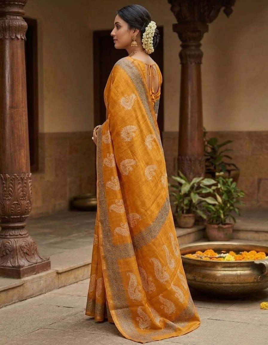Mustard Chanderi Cotton Hand block saree