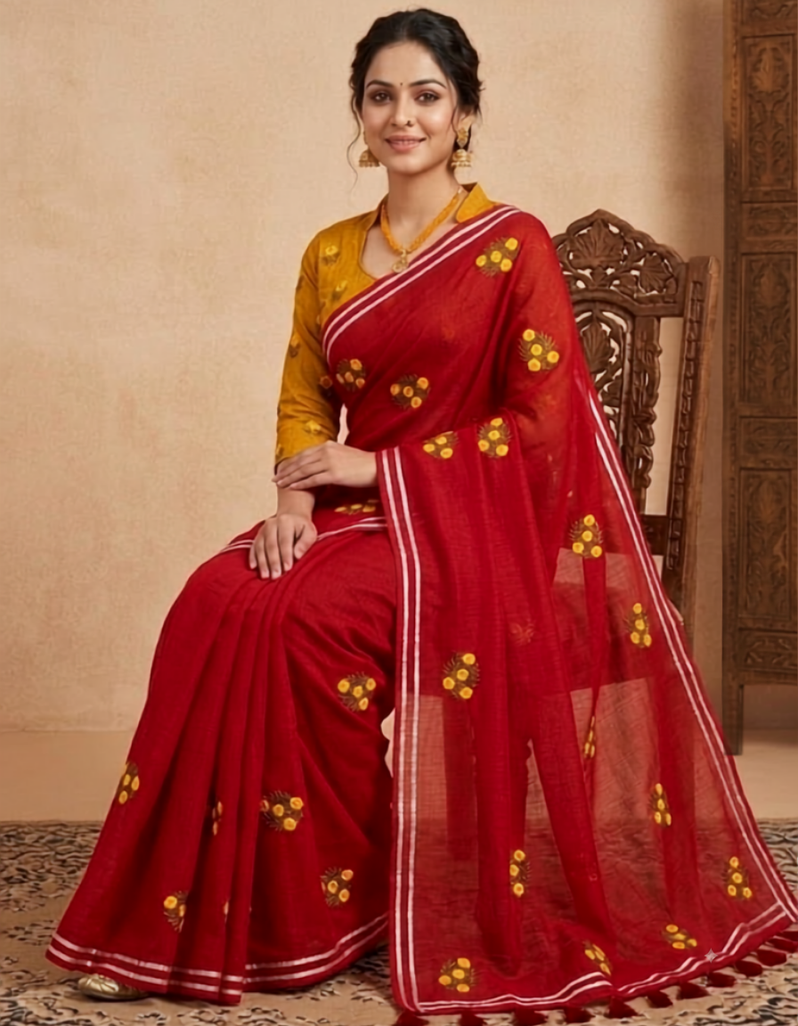 Elegant Embroidered Red Mul Cotton Saree