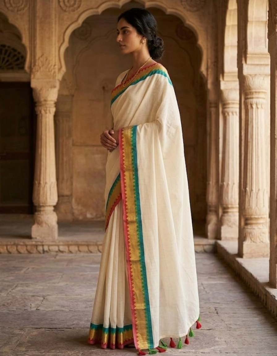 Elegant Ivory Mul Cotton Saree