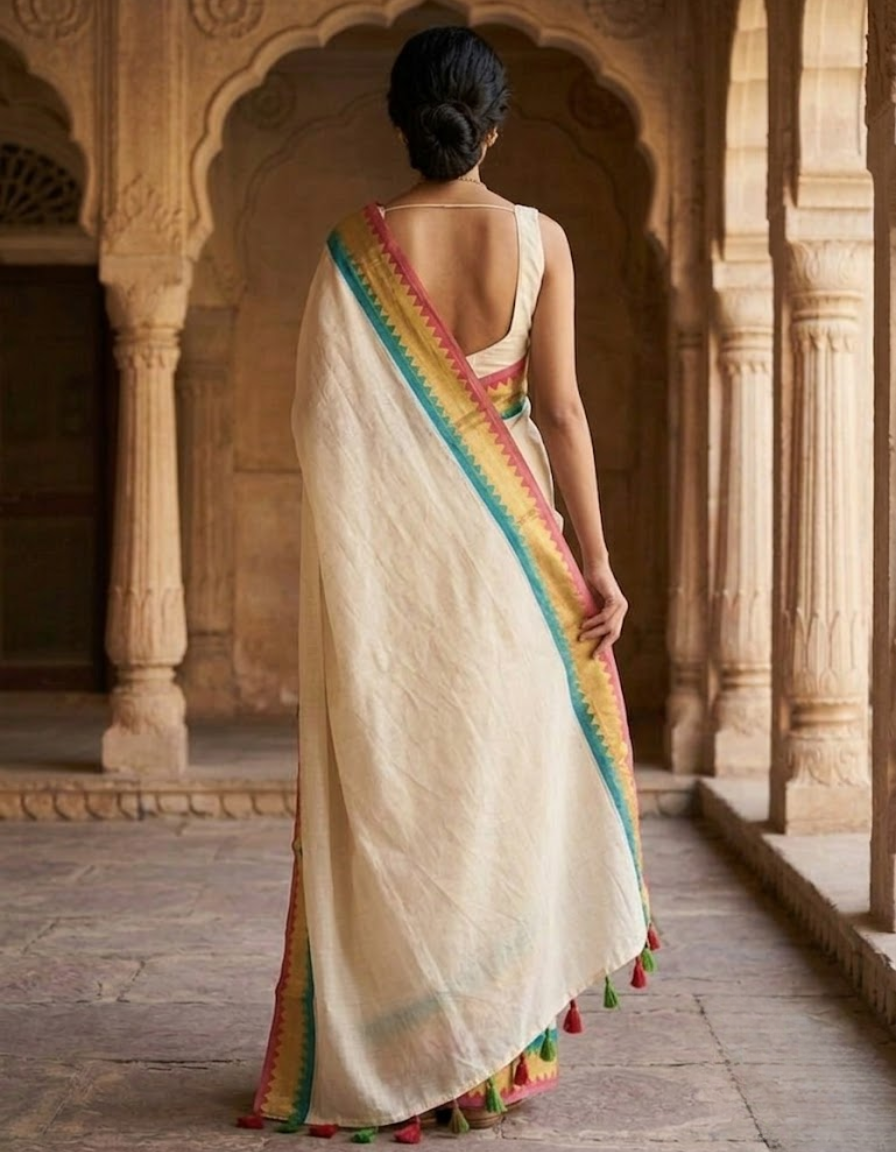 Elegant Ivory Mul Cotton Saree