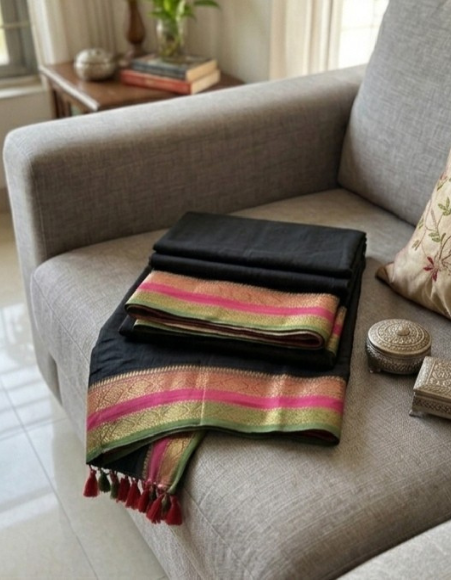 Hand-Woven Black Mul Cotton Saree