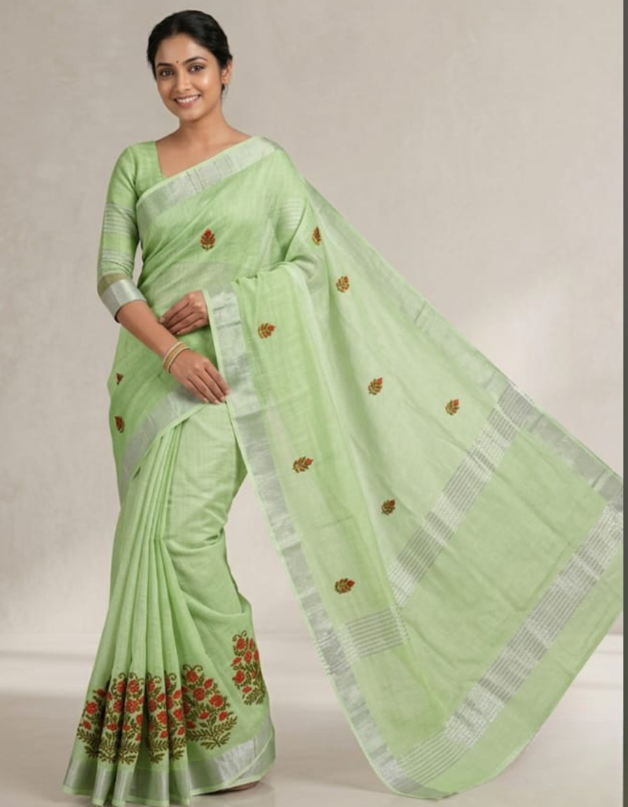 Light Green Linen Cotton Saree with embroidery