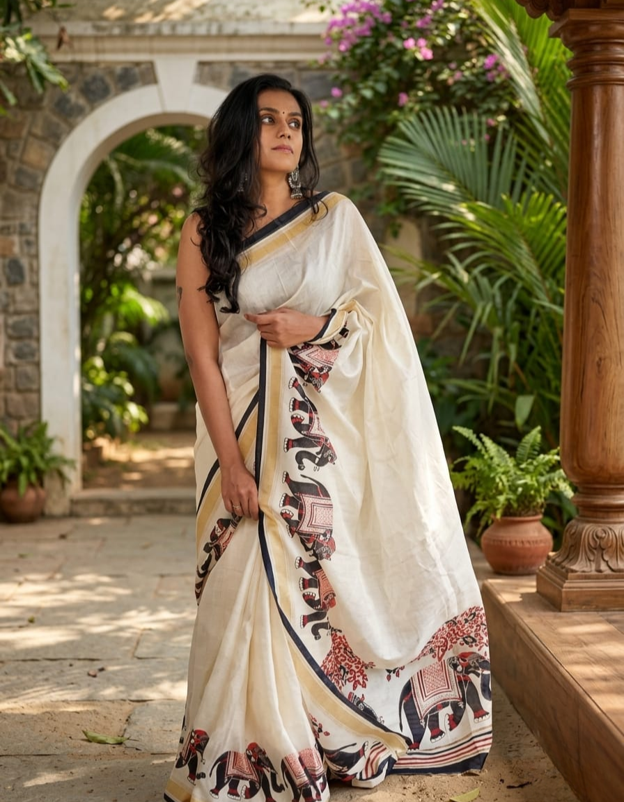Off- white Elephant print Khadi Linen saree