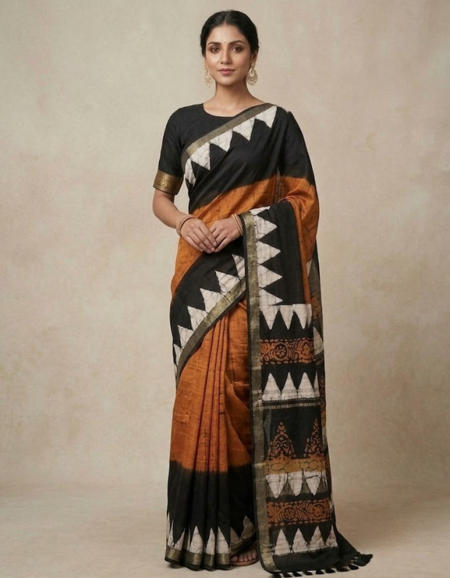 Brown n Black Crush Batik Linen cotton saree