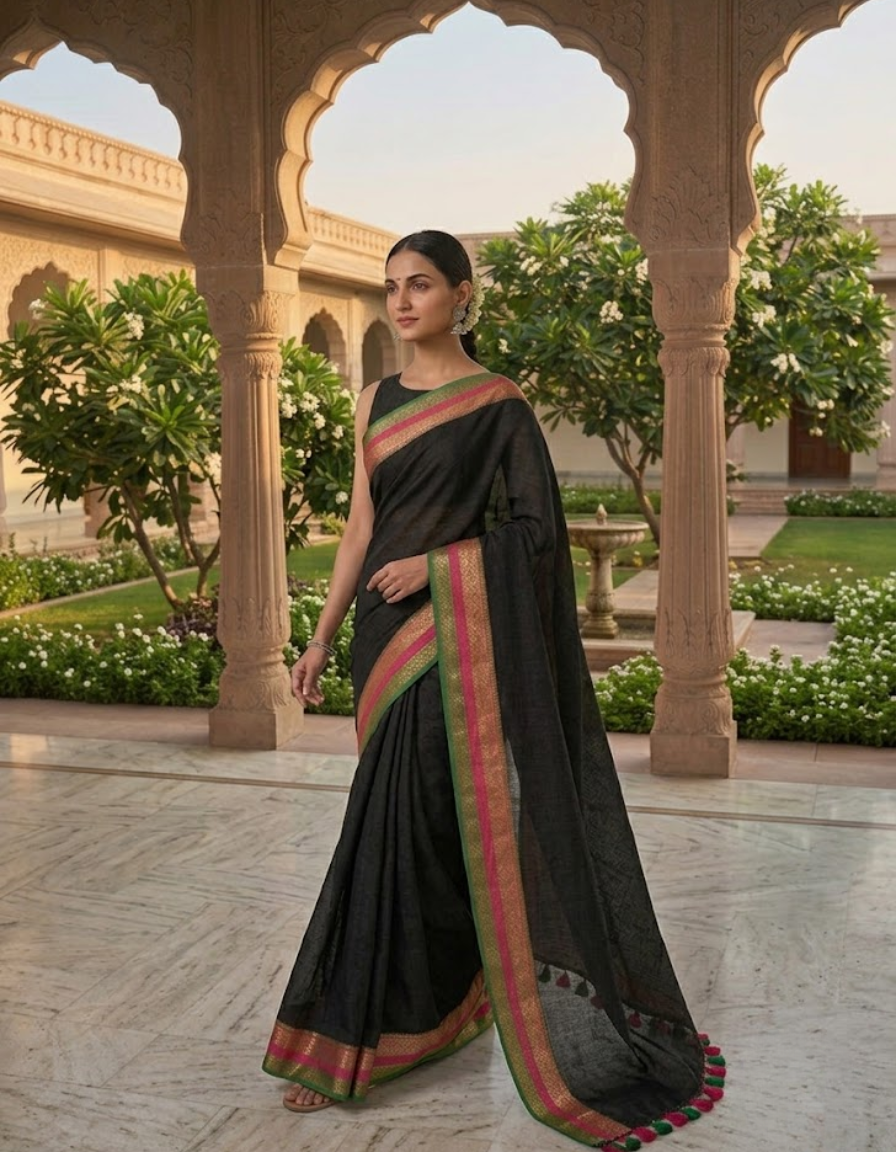 Hand-Woven Black Mul Cotton Saree