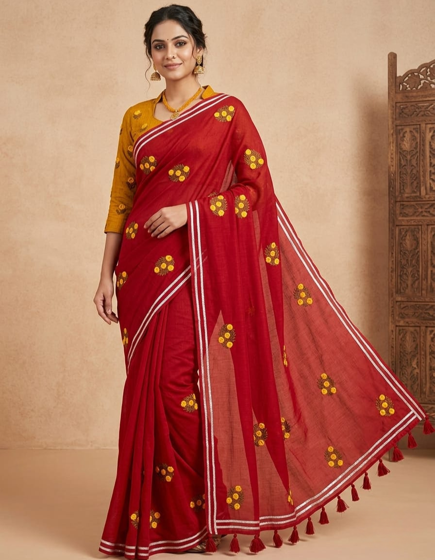 Elegant Embroidered Red Mul Cotton Saree
