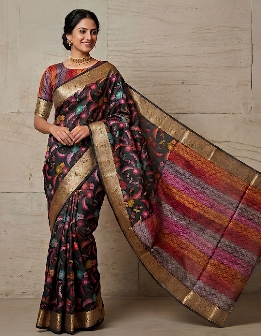 Elegant Monika Silk Saree with Colorful Weaving & Zari border