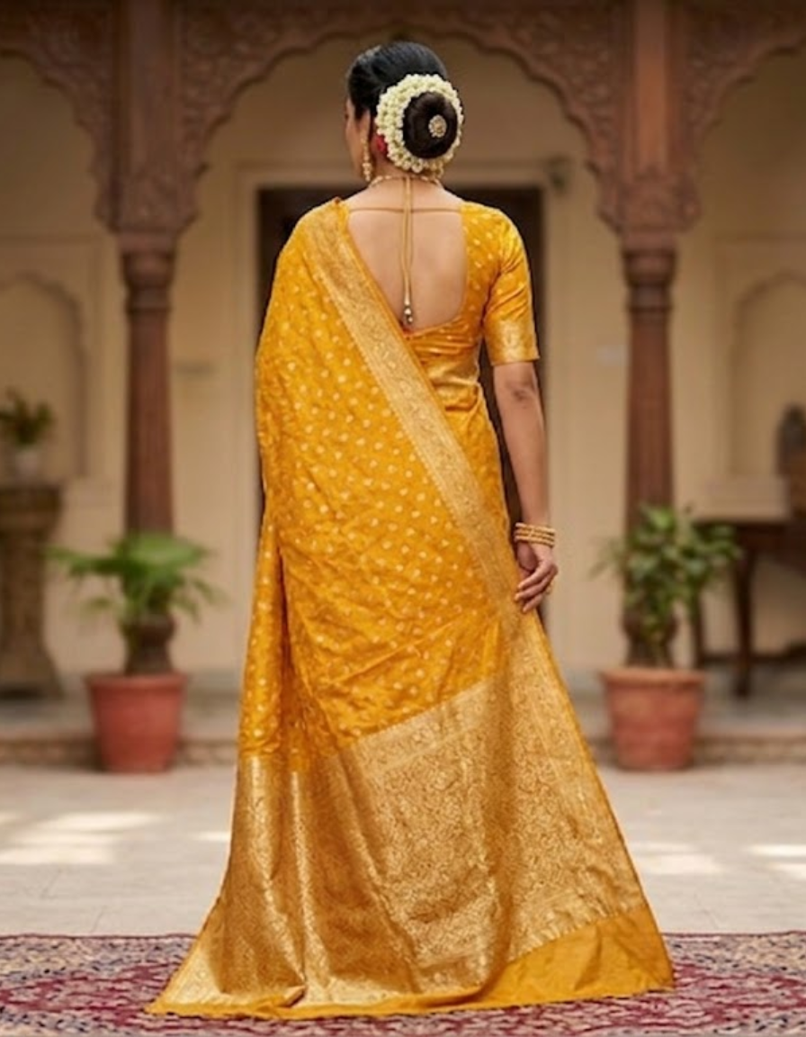 Mustard yellow Banarsi saree