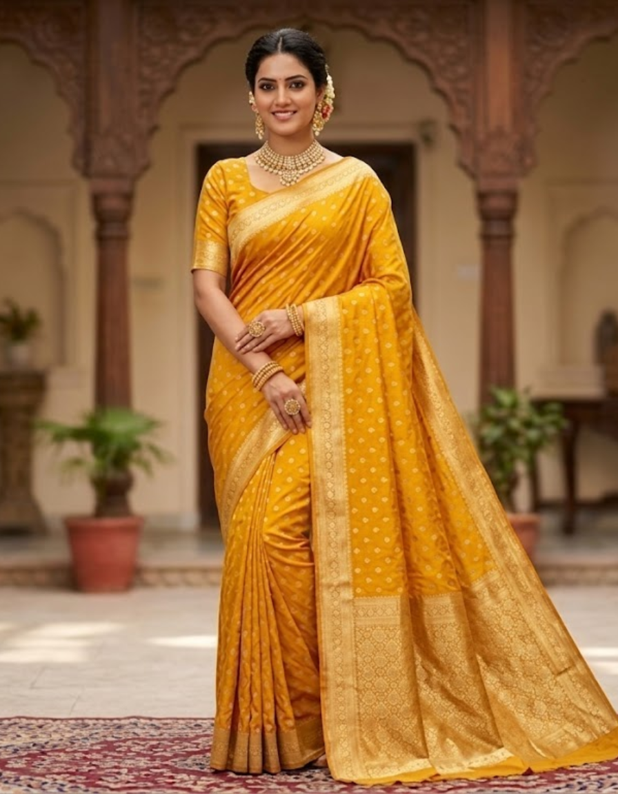 Mustard yellow Banarsi saree