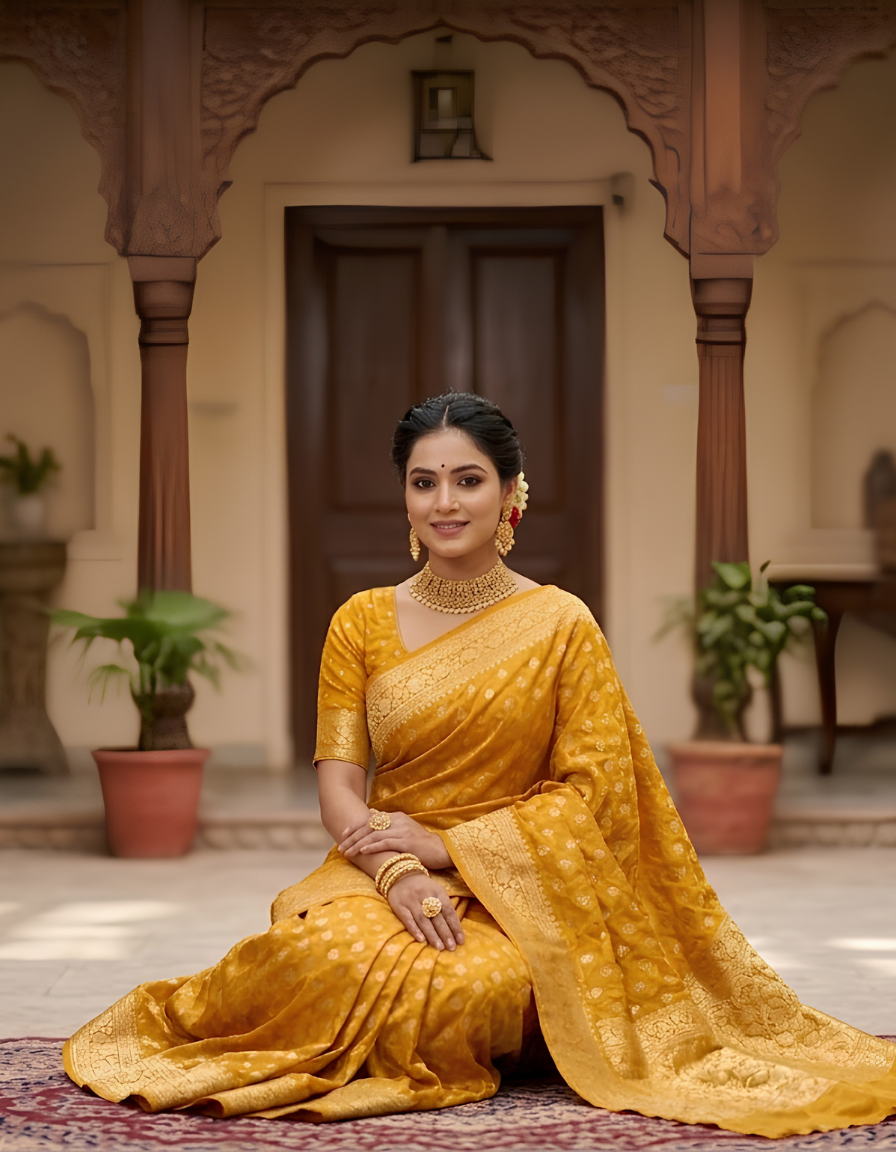 Mustard yellow Banarsi saree