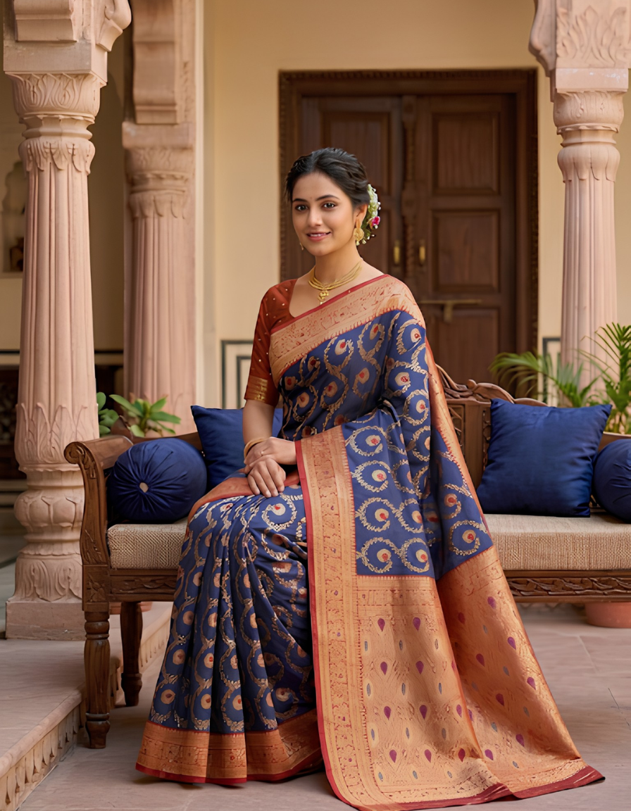Elegant Royal Blue Banarasi Silk Saree