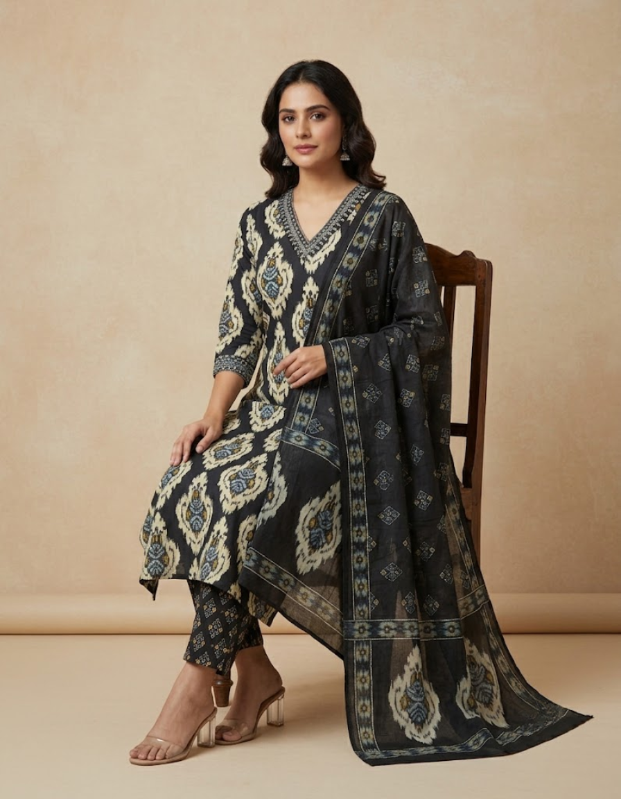 Classic Black Ikat Cotton Suit with Dupatta