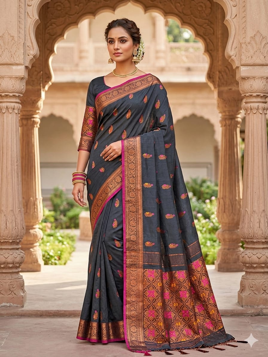 Charcoal grey Cotton Banarsi Handloom saree