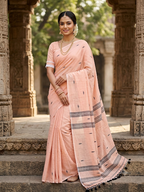 Peach Mul cotton hand weave saree