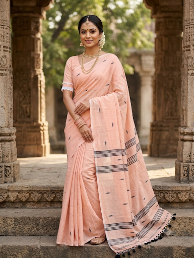 Peach Mul cotton hand weave saree