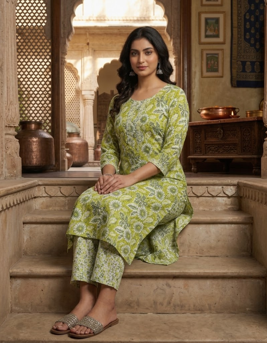 Green & Ivory Floral Printed Cotton Suit Set