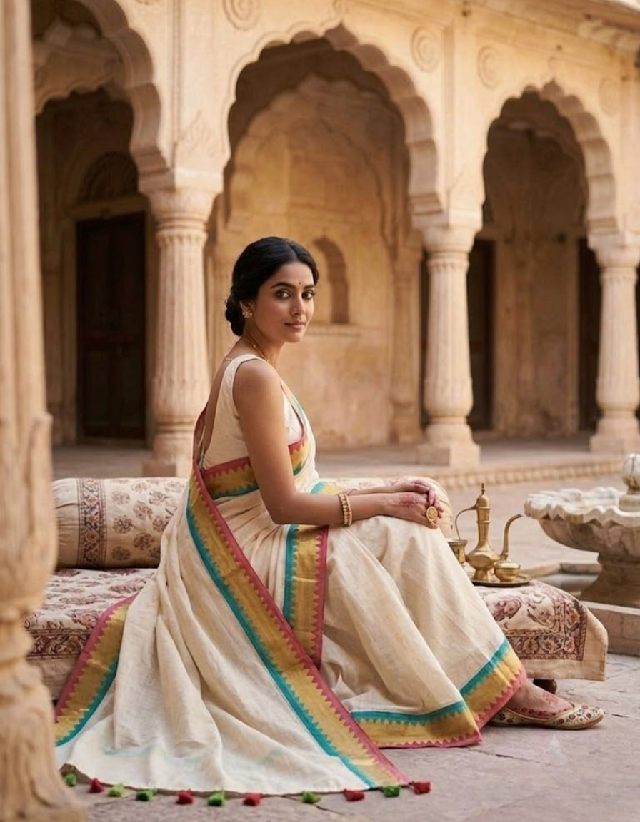 Elegant Ivory Mul Cotton Saree