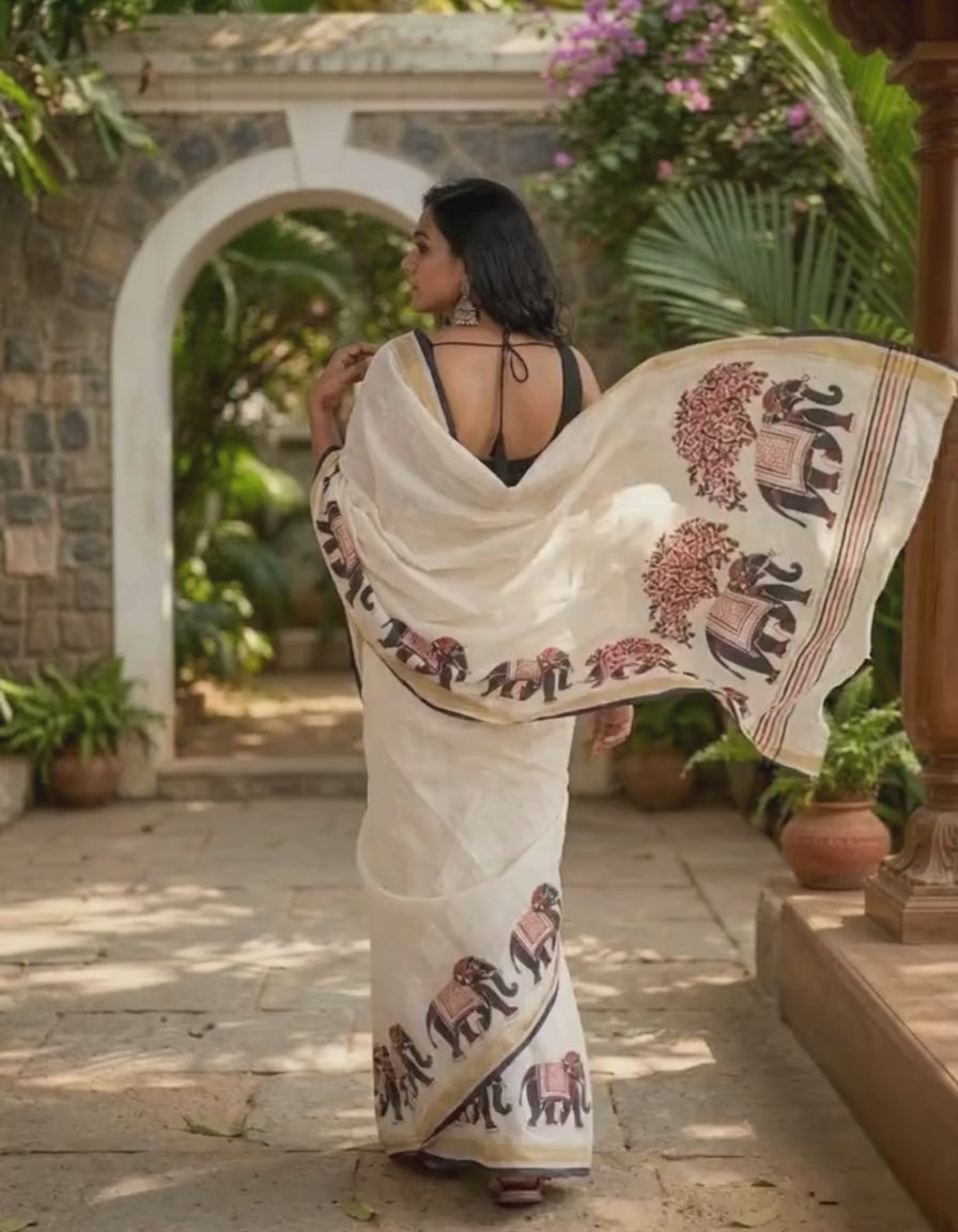 Off- white Elephant print Khadi Linen saree