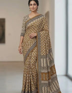 Mustard color Dabu Ajrak print Mul cotton saree