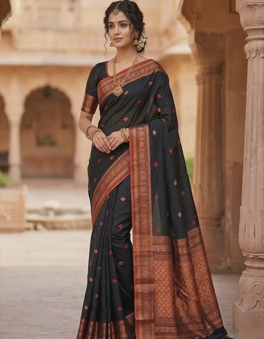 Handwoven Black Cotton Banarsi Saree