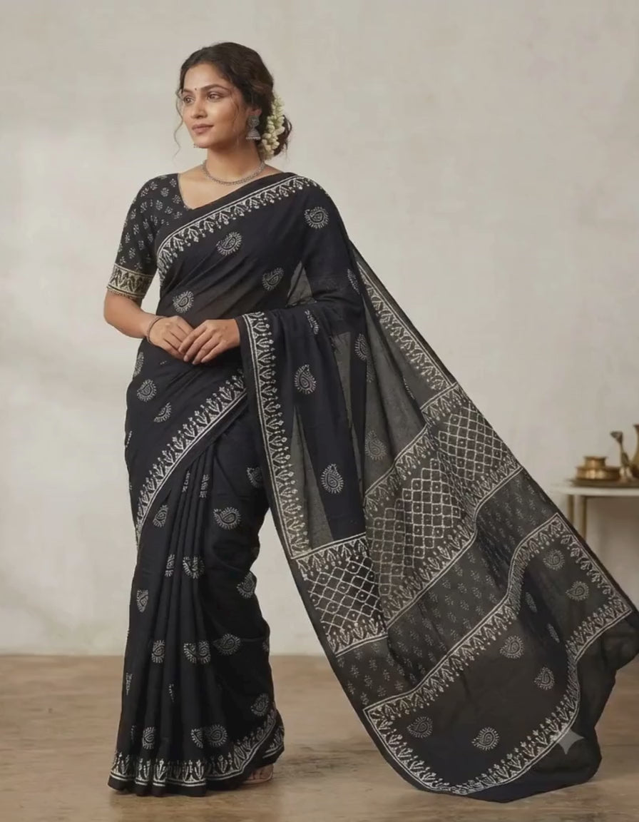 Black Mul Cotton saree (Vanaspati dye, wax batik saree)