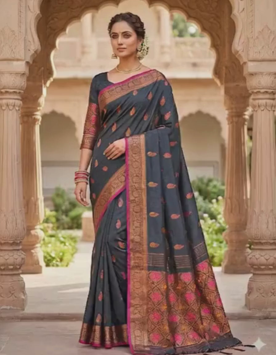 Charcoal grey Cotton Banarsi Handloom saree