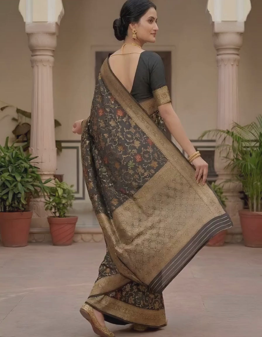 Elegant Black Munga Silk Banarasi Saree