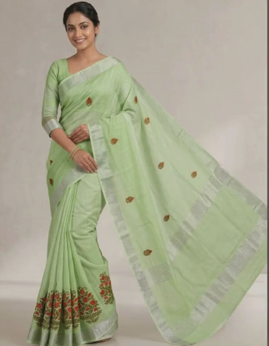 Light Green Linen Cotton Saree with embroidery